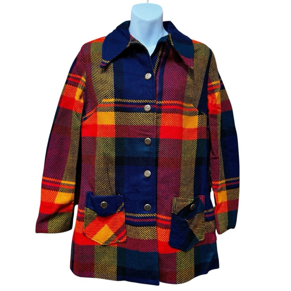 Vintage Plaid Shirt Jacket Women's Small Blazer Gold Buttons Red Blue Yellow